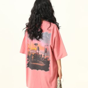American Retro Street Scenery Printed Short-Sleeve T-Shirt for Men and Women - Loose Versatile Summer Couple Top