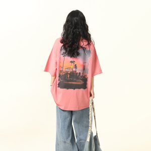 American Retro Street Scenery Printed Short-Sleeve T-Shirt for Men and Women - Loose Versatile Summer Couple Top