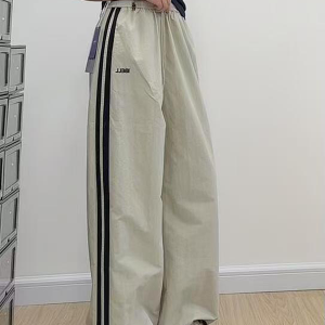 American Retro Striped Loose Work Pants for Women, High Street Casual Straight-Leg Cargo Trousers
