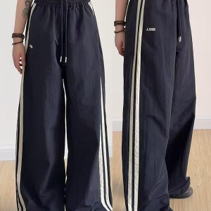 American Retro Striped Loose Work Pants for Women, High Street Casual Straight-Leg Cargo Trousers