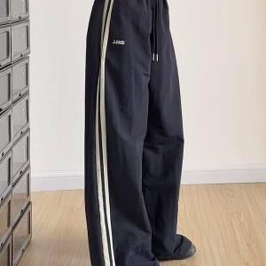 American Retro Striped Loose Work Pants for Women, High Street Casual Straight-Leg Cargo Trousers