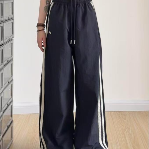 American Retro Striped Loose Work Pants for Women, High Street Casual Straight-Leg Cargo Trousers