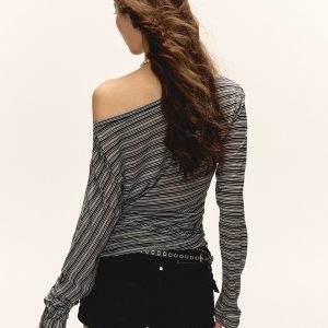 American Retro Striped Off-Shoulder T-Shirt for Women - Lightweight Pleated Slim Fit Top, Spring/Summer 90s Trend