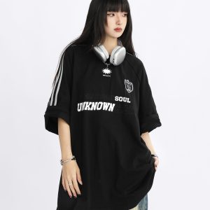 American Retro Striped Oversized Short-Sleeve T-Shirt for Women - Summer Trendy Couple Top, 90s Style, Casual Streetwear