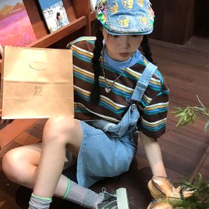 American Retro Striped Short Sleeve Casual Color-Blocking T-Shirt for Women - Summer Loose Fit College Style Top