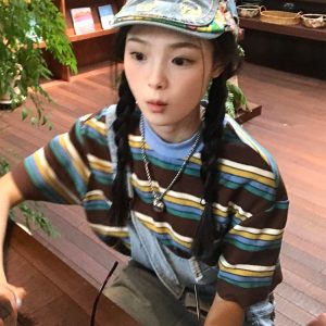 American Retro Striped Short Sleeve Casual Color-Blocking T-Shirt for Women - Summer Loose Fit College Style Top