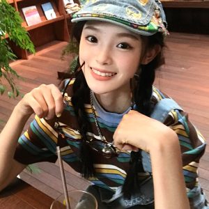 American Retro Striped Short Sleeve Casual Color-Blocking T-Shirt for Women - Summer Loose Fit College Style Top