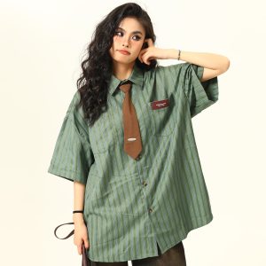 American Retro Striped Short Sleeve Shirt for Women - Versatile Loose Fit Summer Fashion Trend
