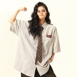 American Retro Striped Short Sleeve Shirt for Women - Versatile Loose Fit Summer Fashion Trend