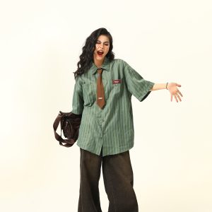 American Retro Striped Short Sleeve Shirt for Women - Versatile Loose Fit Summer Fashion Trend