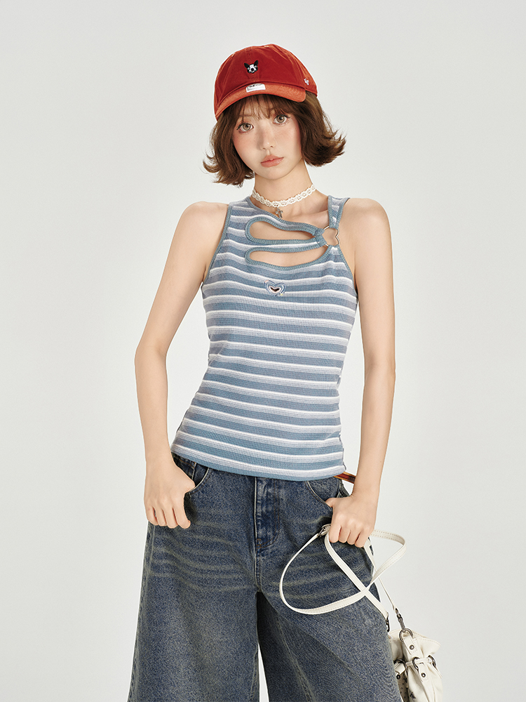 American Retro Striped Sleeveless T-Shirt for Women - Summer Slim Fit Flattering Tank Top, Niche Design, Y2K Style American Retro Striped Sleeveless T-Shirt for Women - Summer Slim Fit Flattering Tank Top, Niche Design, Y2K Style