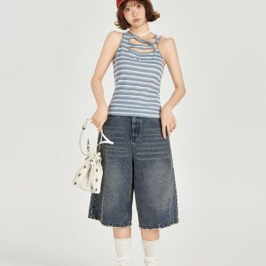 American Retro Striped Sleeveless T-Shirt for Women - Summer Slim Fit Flattering Tank Top, Niche Design, Y2K Style