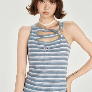American Retro Striped Sleeveless T-Shirt for Women - Summer Slim Fit Flattering Tank Top, Niche Design, Y2K Style