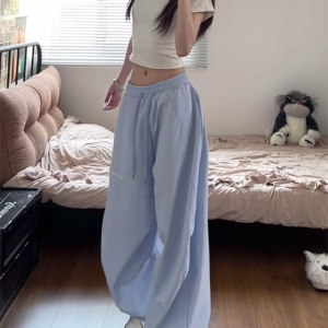 American Retro Striped Work Pants for Women - Summer Loose Hip-Hop Style Draped Straight Casual Sports Pants