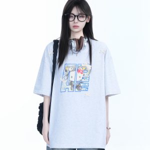 American Retro Style Black Short-Sleeve T-Shirt for Women with Kitty Cat Graffiti, Loose Round Neck, Y2K Vibe, Casual Fashion Top