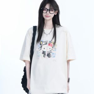 American Retro Style Black Short-Sleeve T-Shirt for Women with Kitty Cat Graffiti, Loose Round Neck, Y2K Vibe, Casual Fashion Top