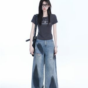 American Retro Summer Short Sleeve T-Shirt for Women - Flattering Slim Fit, Petite Style, 