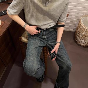 American Retro Textured Henley Short-Sleeve T-Shirt for Men and Women - Trendy Loose Fit Summer Top