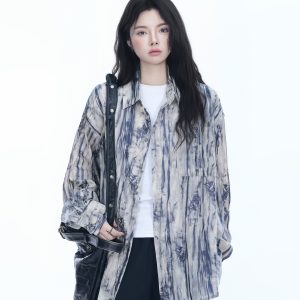 American Retro Tie-Dye Long Sleeve Shirt for Women - Summer Loose Lightweight Water Wave Pattern Sun Protection Top