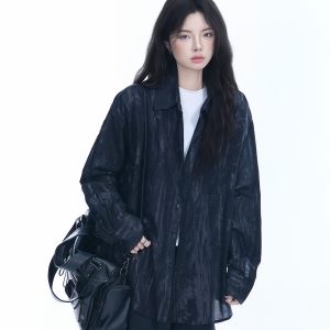 American Retro Tie-Dye Long Sleeve Shirt for Women - Summer Loose Lightweight Water Wave Pattern Sun Protection Top