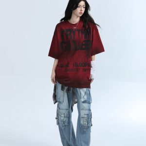 American Retro Tie-Dye Red Short Sleeve T-Shirt for Women - Heavy-Duty Loose Fit Summer Tee with Mountain Graphic Design