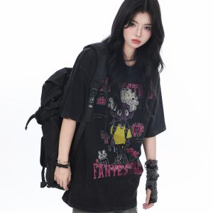 American Retro Trendy Women's Vintage Loose Fit Short Sleeve T-Shirt - 