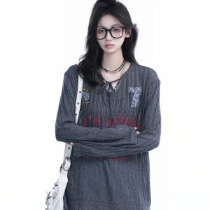 American Retro U-Neck Tie Long Sleeve T-Shirt for Women, Slightly Sheer Loose Fit, Vintage-Inspired Cover-Up Top