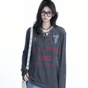 American Retro U-Neck Tie Long Sleeve T-Shirt for Women, Slightly Sheer Loose Fit, Vintage-Inspired Cover-Up Top