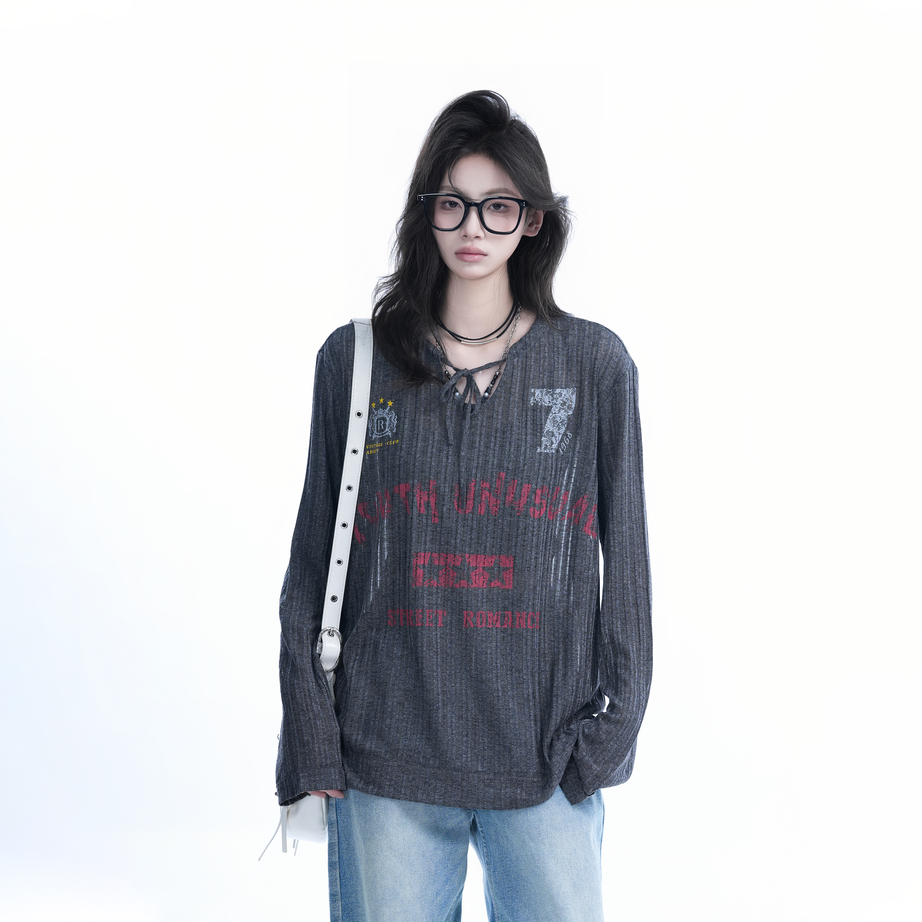 American Retro U-Neck Tie Long Sleeve T-Shirt for Women, Slightly Sheer Loose Fit, Vintage-Inspired Cover-Up Top American Retro U-Neck Tie Long Sleeve T-Shirt for Women, Slightly Sheer Loose Fit, Vintage-Inspired Cover-Up Top