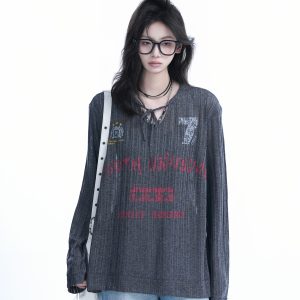 American Retro U-Neck Tie Long Sleeve T-Shirt for Women, Slightly Sheer Loose Fit, Vintage-Inspired Cover-Up Top