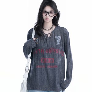 American Retro U-Neck Tie Long Sleeve T-Shirt for Women, Slightly Sheer Loose Fit, Vintage-Inspired Cover-Up Top