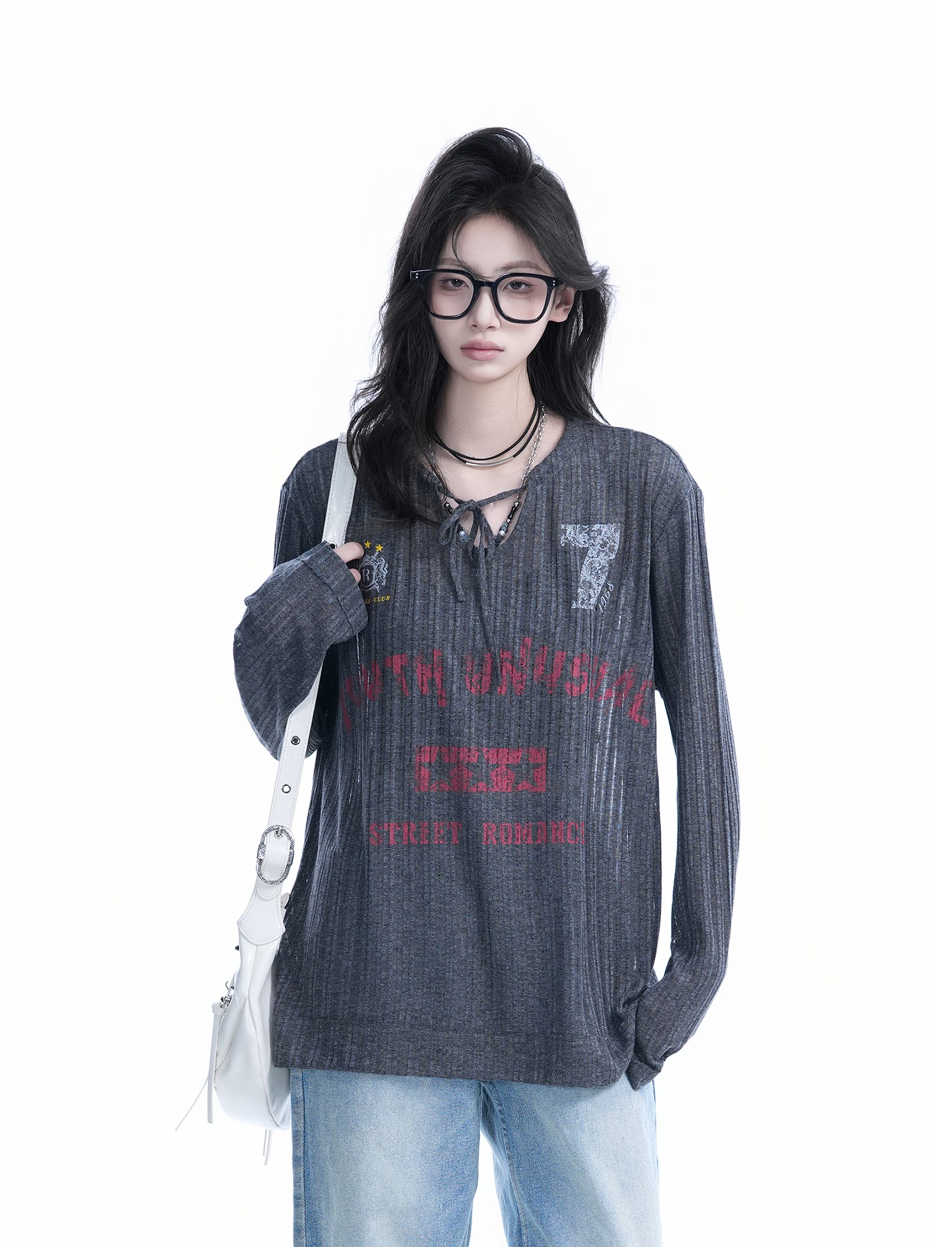 American Retro U-Neck Tie Long Sleeve T-Shirt for Women, Slightly Sheer Loose Fit, Vintage-Inspired Cover-Up Top American Retro U-Neck Tie Long Sleeve T-Shirt for Women, Slightly Sheer Loose Fit, Vintage-Inspired Cover-Up Top