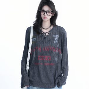 American Retro U-Neck Tie Long Sleeve T-Shirt for Women, Slightly Sheer Loose Fit, Vintage-Inspired Cover-Up Top