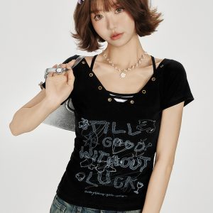 American Retro V-Neck Short Sleeve T-Shirt for Women - Summer Slim Fit Top, Millennial Style, Y2K Fashion