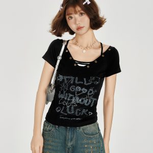 American Retro V-Neck Short Sleeve T-Shirt for Women - Summer Slim Fit Top, Millennial Style, Y2K Fashion