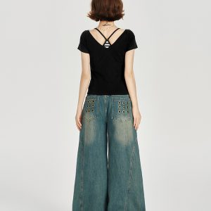 American Retro V-Neck Short Sleeve T-Shirt for Women - Summer Slim Fit Top, Millennial Style, Y2K Fashion