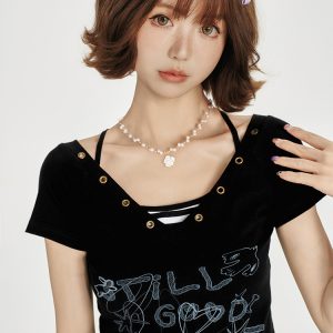 American Retro V-Neck Short Sleeve T-Shirt for Women - Summer Slim Fit Top, Millennial Style, Y2K Fashion