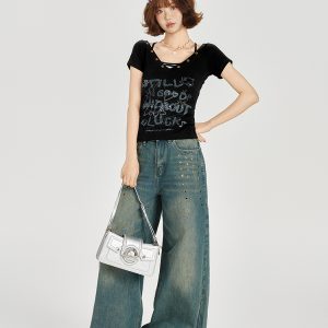 American Retro V-Neck Short Sleeve T-Shirt for Women - Summer Slim Fit Top, Millennial Style, Y2K Fashion