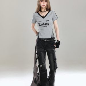 American Retro V-Neck Short Sleeve T-Shirt for Women - Summer Slim Fit Top, Unique Design, Trendy Spicy Girl Style