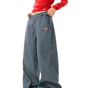 American Retro Vertical Striped Loose Wide-Leg Pants for Women - Versatile Casual Style Inspired by Y2K Fashion