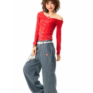 American Retro Vertical Striped Loose Wide-Leg Pants for Women - Versatile Casual Style Inspired by Y2K Fashion