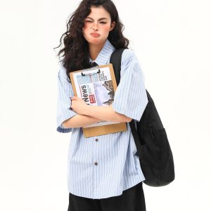 American Retro Vertical Striped Short-Sleeve Shirt for Women with Embroidered Letters - Artistic College Style Top
