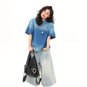 American Retro Washed Gradient Heavyweight Short-Sleeve T-Shirt for Women - Summer Versatile Loose Fit Top, Y2K Style