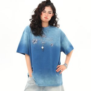 American Retro Washed Gradient Heavyweight Short-Sleeve T-Shirt for Women - Summer Versatile Loose Fit Top, Y2K Style