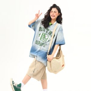 American Retro Washed Gradient Letter Denim Short-Sleeve T-Shirt for Women - College Style Loose Versatile Top