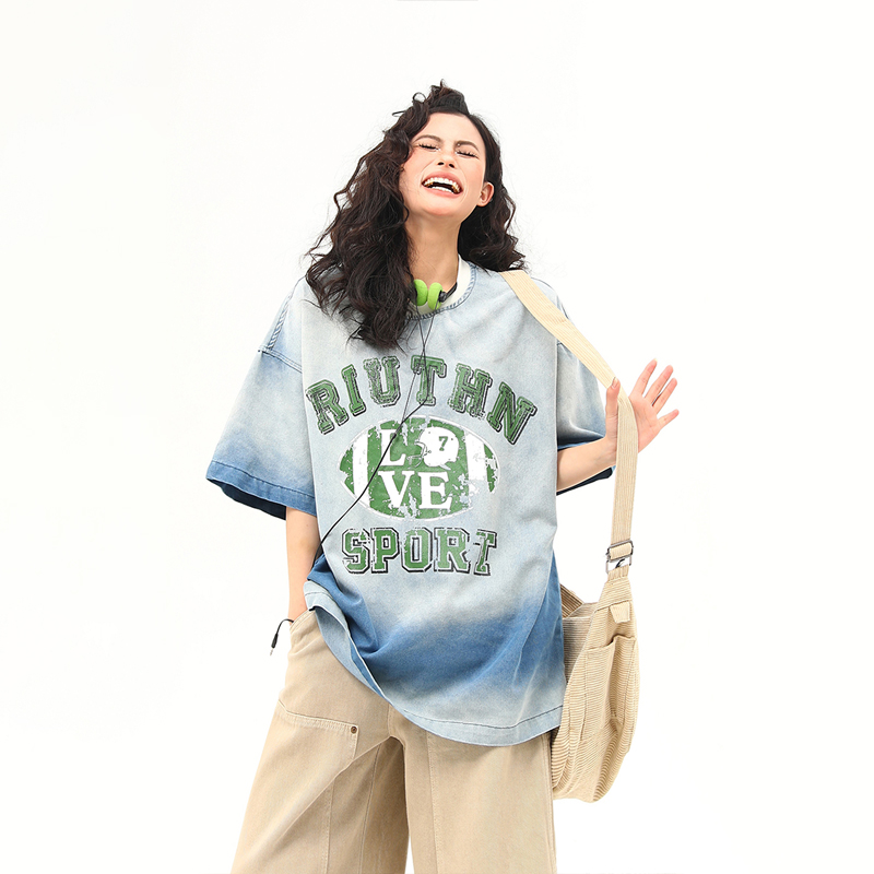 American Retro Washed Gradient Letter Denim Short-Sleeve T-Shirt for Women - College Style Loose Versatile Top