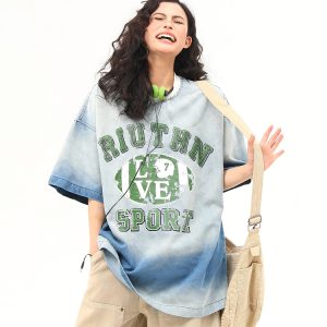 American Retro Washed Gradient Letter Denim Short-Sleeve T-Shirt for Women - College Style Loose Versatile Top