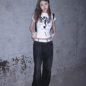 American Retro White Fitted T-Shirt for Women, Sexy Slim Fit Short Sleeve Top, Summer Street Style