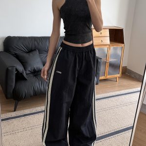 American Retro Wide-Leg Casual Pants for Women - Summer 2025 Loose Fit Side Stripe Quick-Dry Sports Trousers