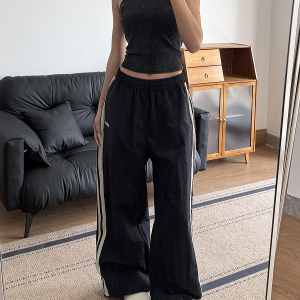 American Retro Wide-Leg Casual Pants for Women - Summer 2025 Loose Fit Side Stripe Quick-Dry Sports Trousers